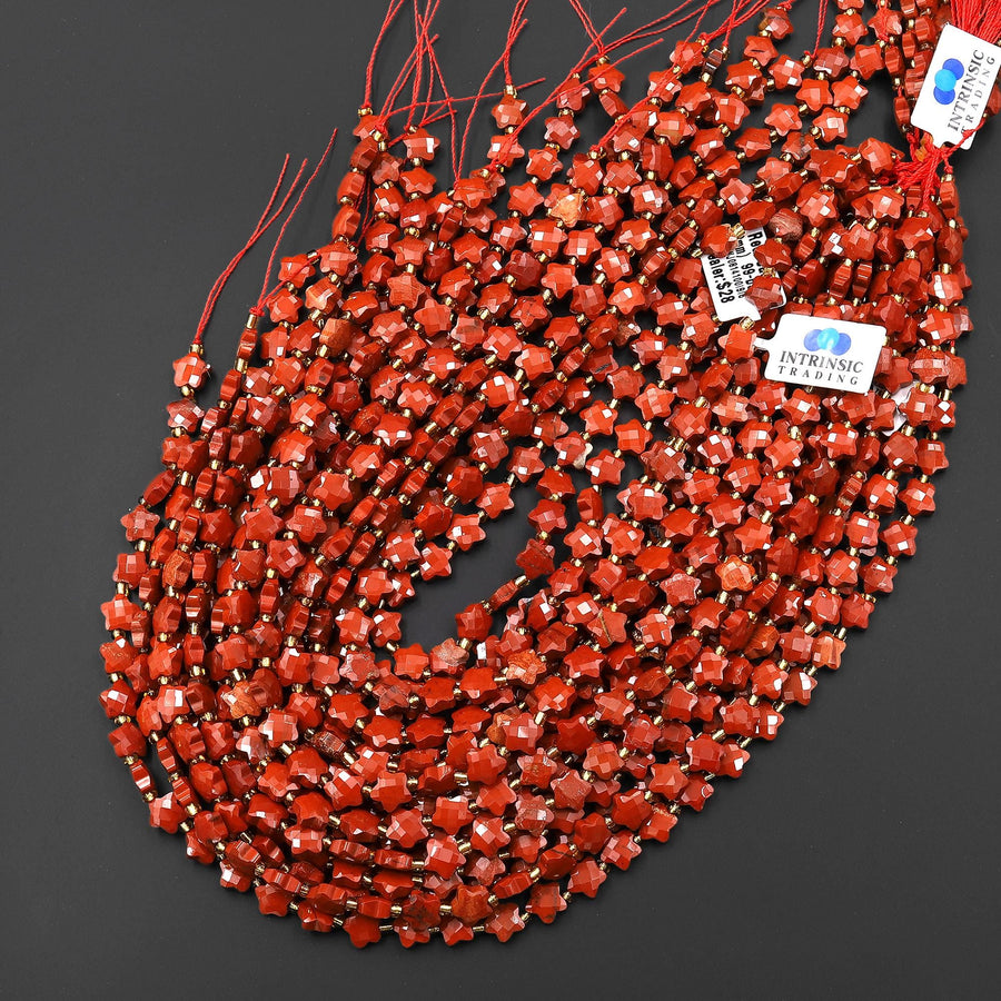 Faceted Natural Red Jasper Beads 8mm Carved Star Gemstone 14.5" Strand