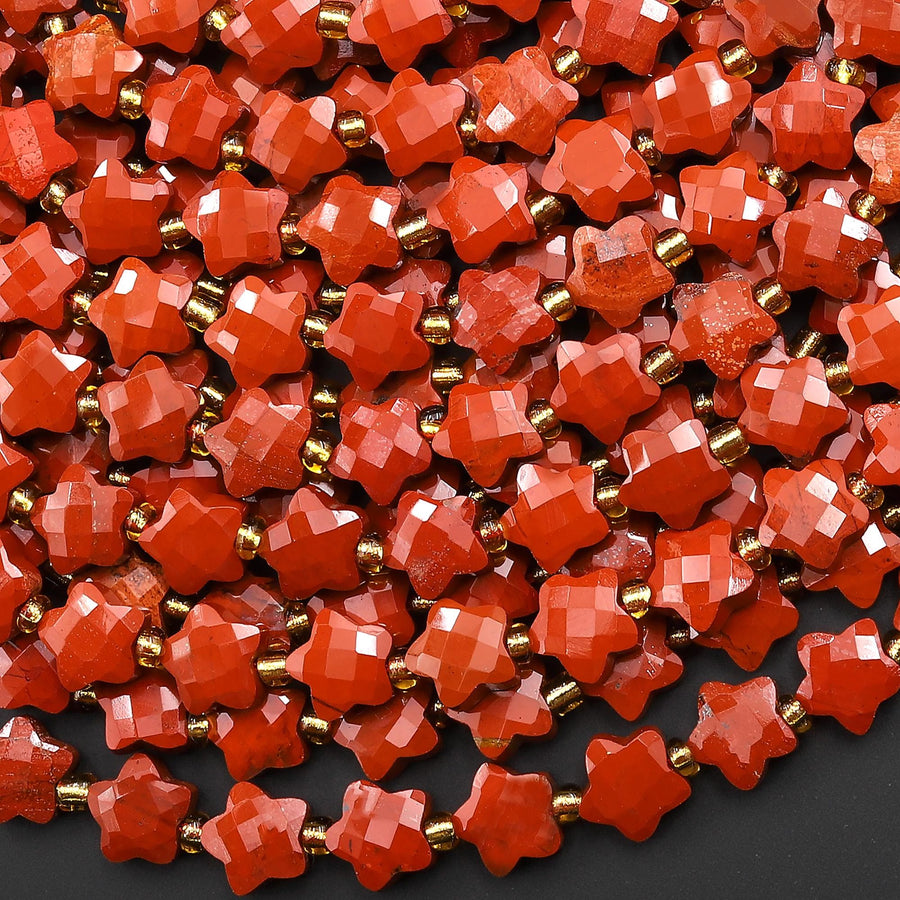 Faceted Natural Red Jasper Beads 8mm Carved Star Gemstone 14.5" Strand