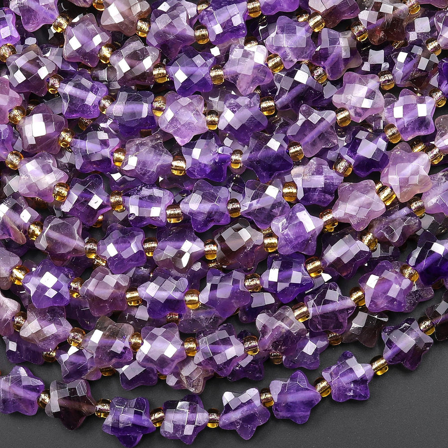 Faceted Natural Purple Amethyst Beads 8mm Carved Star Gemstone 14.5" Strand