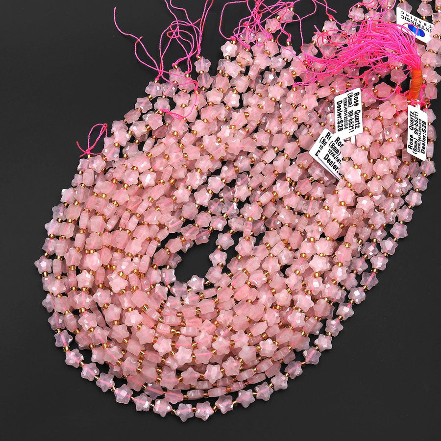 Faceted Natural Pink Rose Quartz Beads 8mm Carved Star Gemstone 14.5" Strand