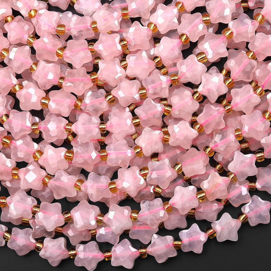 Faceted Natural Pink Rose Quartz Beads 8mm Carved Star Gemstone 14.5" Strand