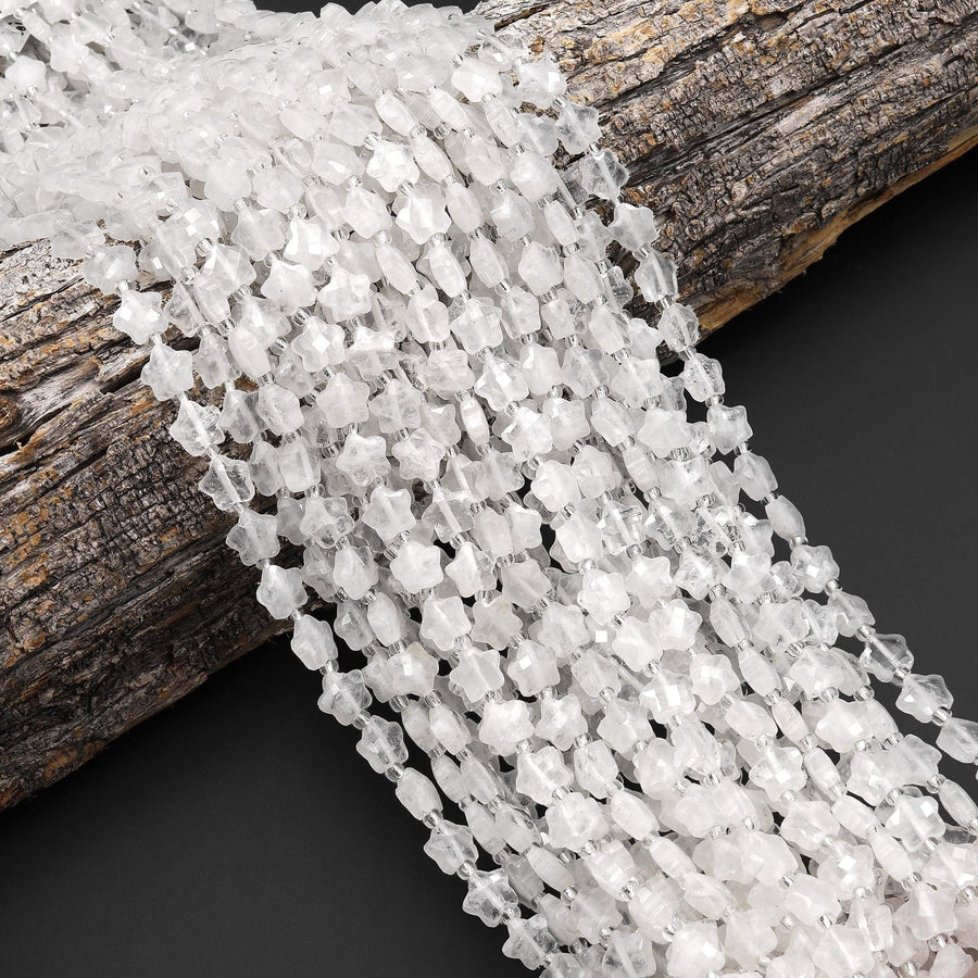 Faceted Natural Rock Crystal Quartz Beads 8mm Carved Star Gemstone 14.5" Strand