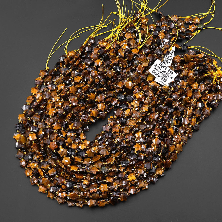 Faceted Natural Tiger's Eye Beads 8mm Carved Star Gemstone 14.5" Strand
