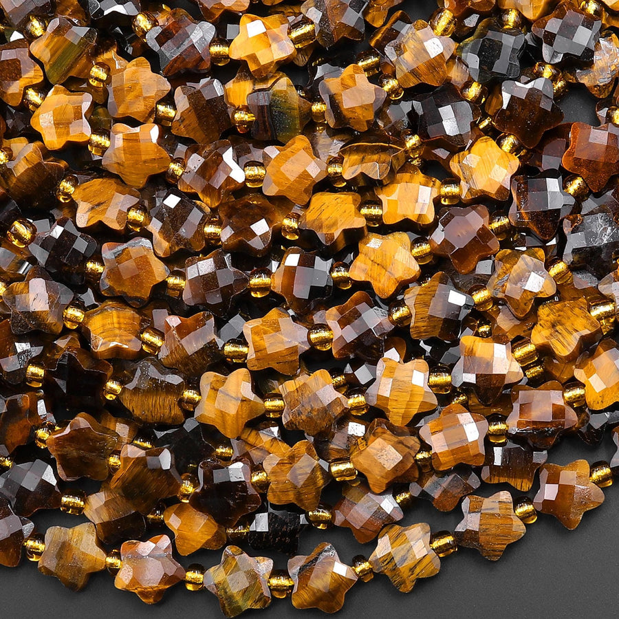 Faceted Natural Tiger's Eye Beads 8mm Carved Star Gemstone 14.5" Strand
