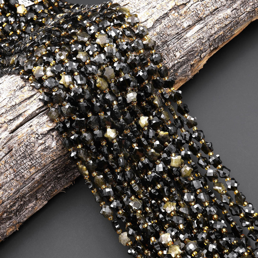 Faceted Natural Golden Obsidian Beads 8mm Carved Star Gemstone 14.5" Strand