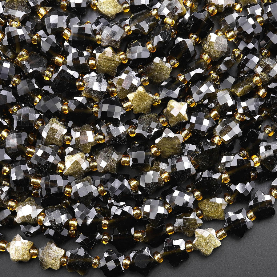 Faceted Natural Golden Obsidian Beads 8mm Carved Star Gemstone 14.5" Strand
