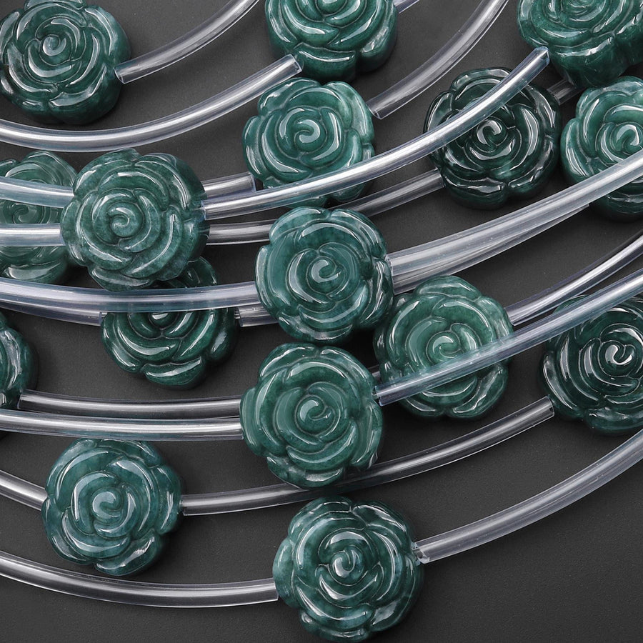 Hand Carved Natural Guatemalan Jade Rose Flower Beads 16mm