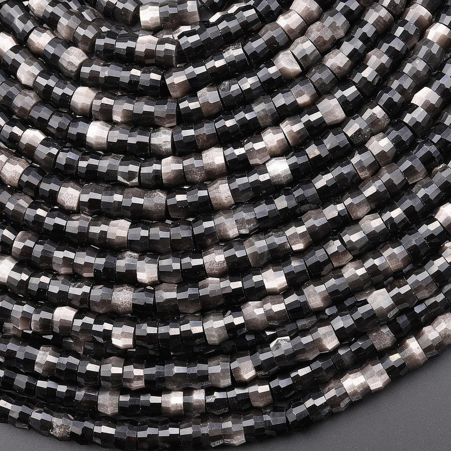 AAA Faceted Natural Silver Obsidian Heishi Rondelle Beads 6mm 15" Strand