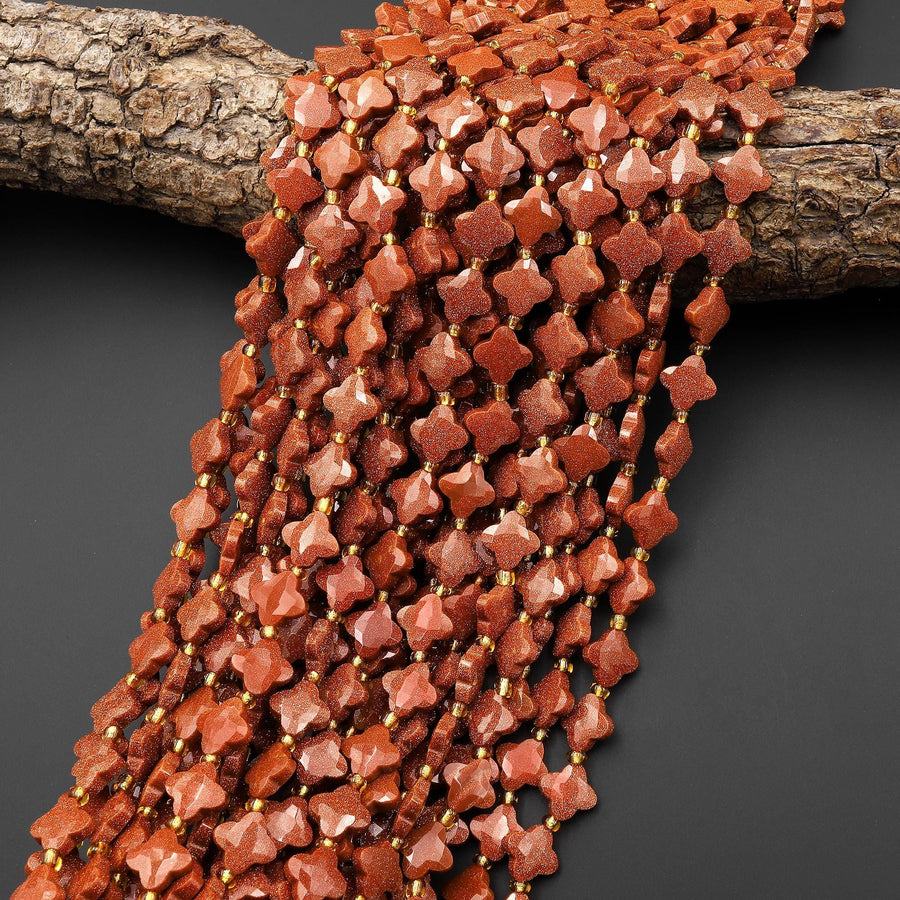 Sparkling Four 4 Leaf Clover 10mm Beads Faceted Goldstone Carved Flower Gemstone 15.5" Strand