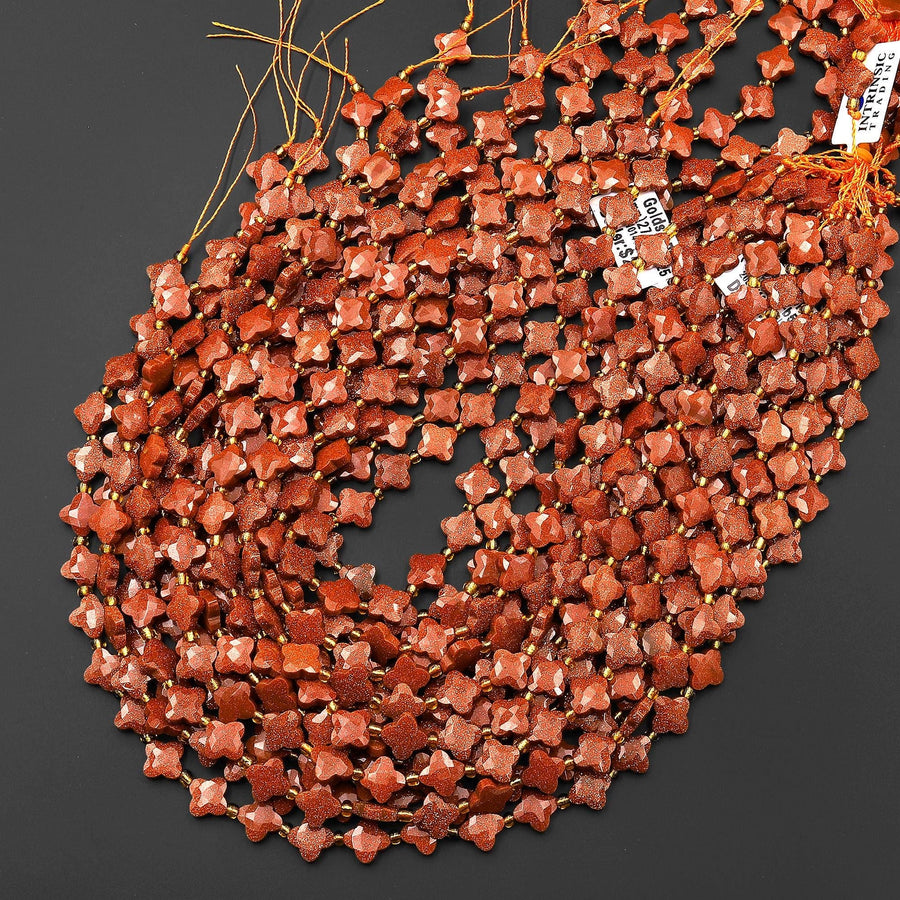 Sparkling Four 4 Leaf Clover 10mm Beads Faceted Goldstone Carved Flower Gemstone 15.5" Strand