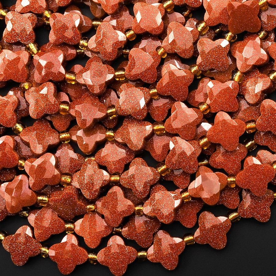 Sparkling Four 4 Leaf Clover 10mm Beads Faceted Goldstone Carved Flower Gemstone 15.5" Strand