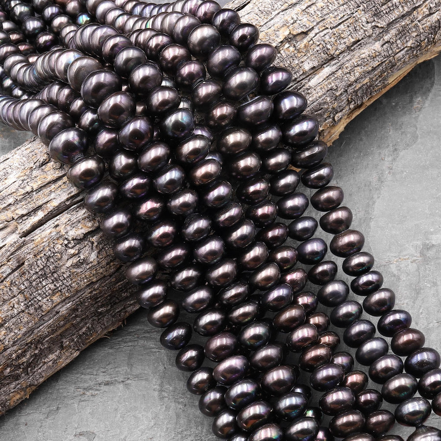 Large Genuine Smoky Black Champagne Freshwater Pearl 12mm 14mm Rondelle Beads Metallic Luster 15.5" Strand