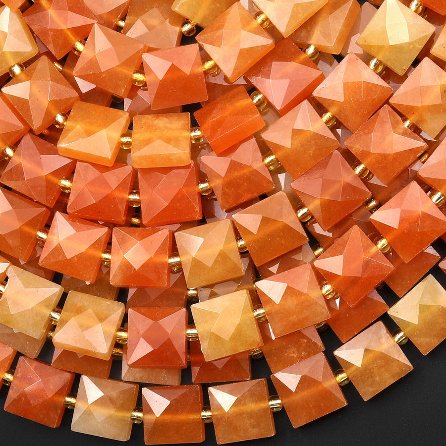 AAA Faceted Natural Orange Aventurine 10mm Flat Square Cushion Gemstone Beads 15.5" Strand