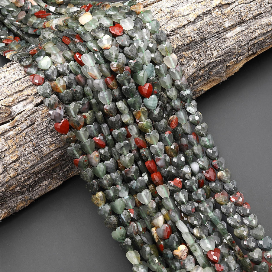 Faceted Natural African Bloodstone Carved Heart Beads 8mm Gemstone 15.5" Strand
