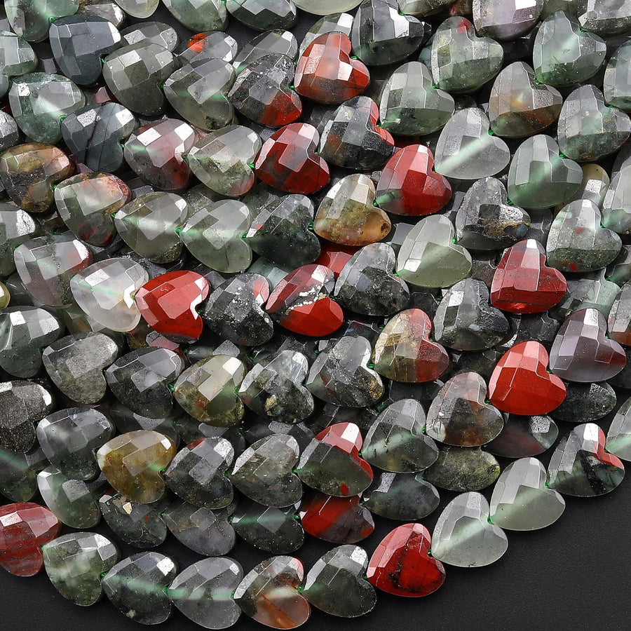 Faceted Natural African Bloodstone Carved Heart Beads 8mm Gemstone 15.5" Strand
