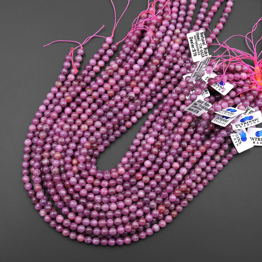 Genuine Natural Burma Pink Ruby Gemstone 6mm Smooth Round Beads 15.5" Strand