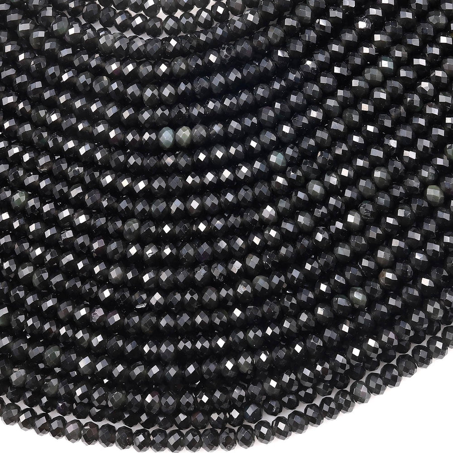 Genuine Natural Black Rainbow Obsidian Faceted 4mm Rondelle Beads 15.5" Strand