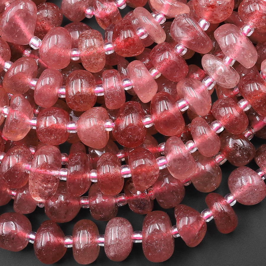 Natural Strawberry Quartz Freeform Center Drilled 8mm 10mm Thick Rondelle Disc Nugget Beads 15.5" Strand