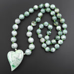 Genuine Natural Burma Green Jade Heart Pendant Round Beads Long Necklace 30" Strand