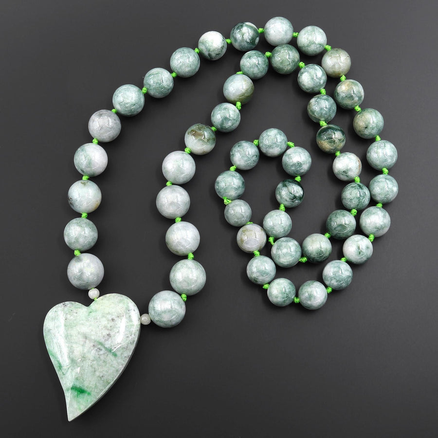 Genuine Natural Burma Green Jade Heart Pendant Round Beads Long Necklace 30" Strand