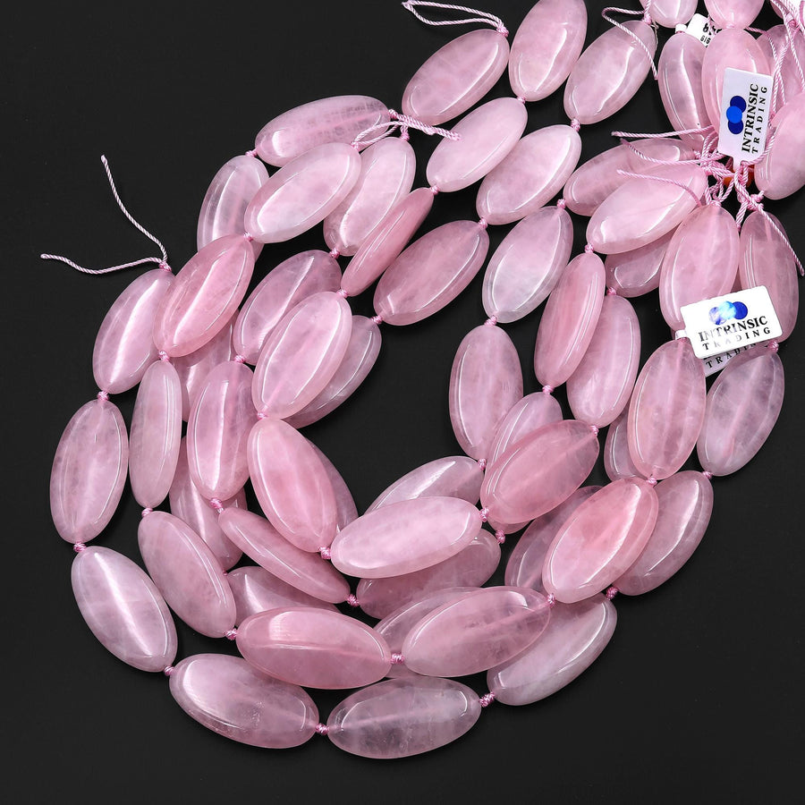 AAA Large Natural Pink Rose Quartz Smooth Long Oval Focal Pendant Beads 40x20mm 15.5" Strand
