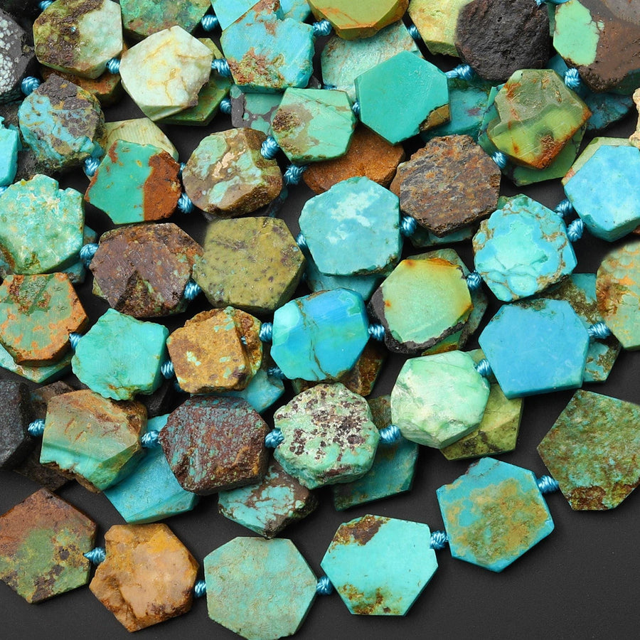 Genuine Natural Dragon Skin Turquoise Flat Hexagon Slice Beads 15.5" Strand