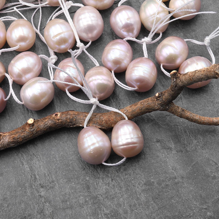 Large Natural Soft Powder Pink Potato Oval Pearl Earring Pair A3