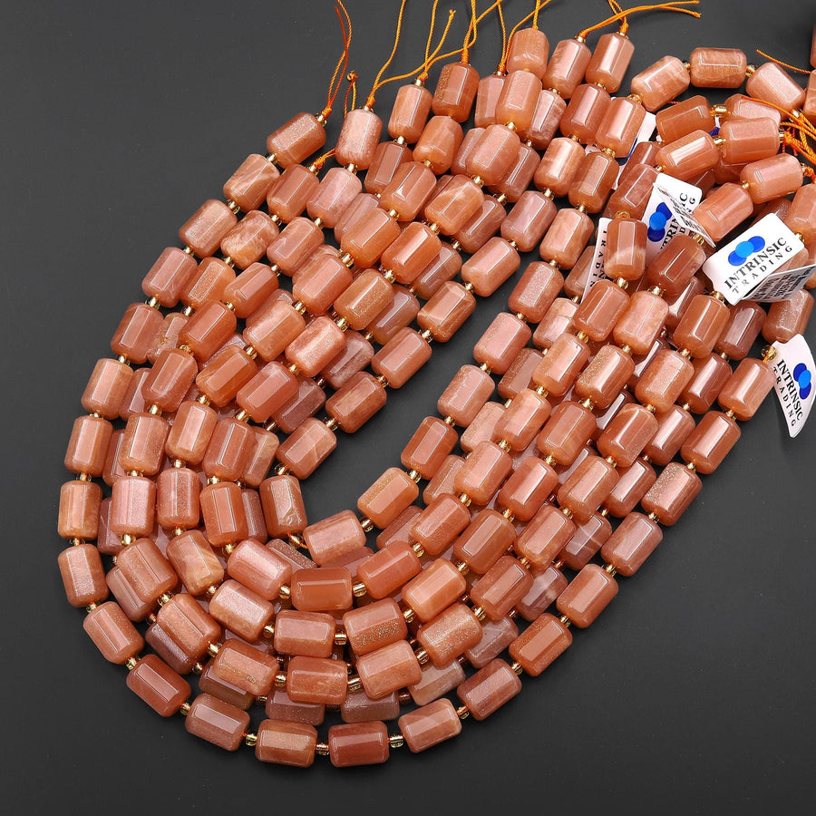 AAA Faceted Natural Peach Moonstone Tube Cylinder Barrel Beads 15x10mm 15.5" Strand