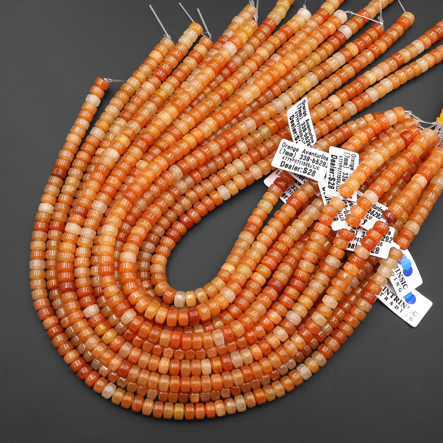 AAA Natural Orange Aventurine Jade 7mm 8mm Smooth Rounded Heishi Rondelle Thick Disc Beads 15.5" Strand
