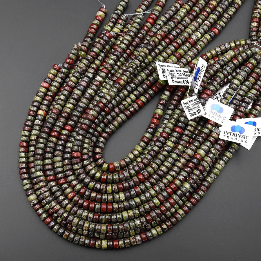 AAA Natural Dragon Blood Jasper 7mm 8mm Smooth Rounded Heishi Rondelle Thick Disc Beads 15.5" Strand