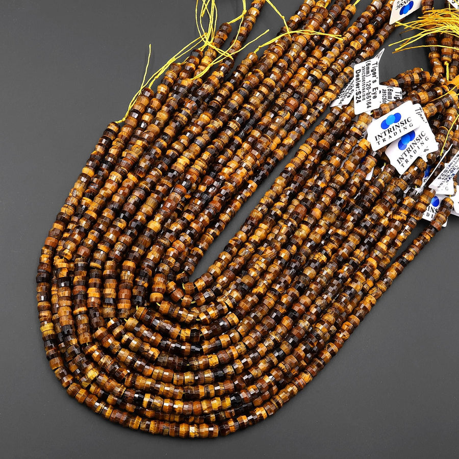 AAA Faceted Natural Tiger's Eye Heishi Rondelle Beads 6mm 15" Strand