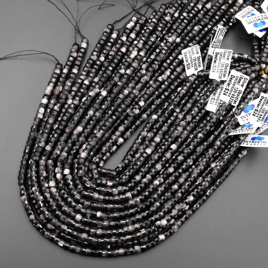 AAA Faceted Natural Silver Obsidian Heishi Rondelle Beads 6mm 15" Strand