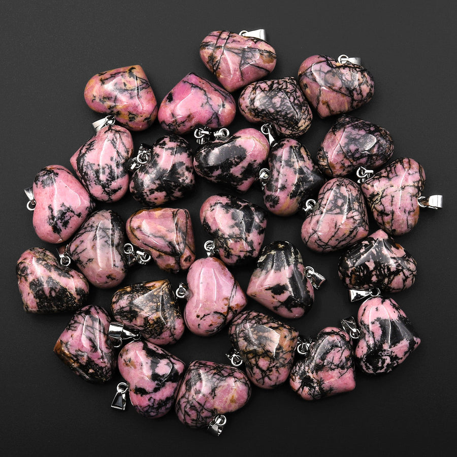 Natural Pink Rhodonite Heart Pendant Natural Crystal Focal Bead Adorable