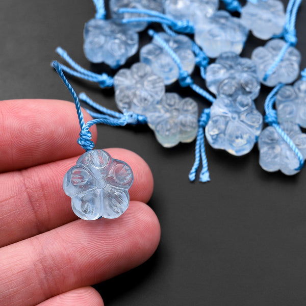 AAA Natural Blue Aquamarine Hand Carved Cherry Blossom Flower Gemstone Beads