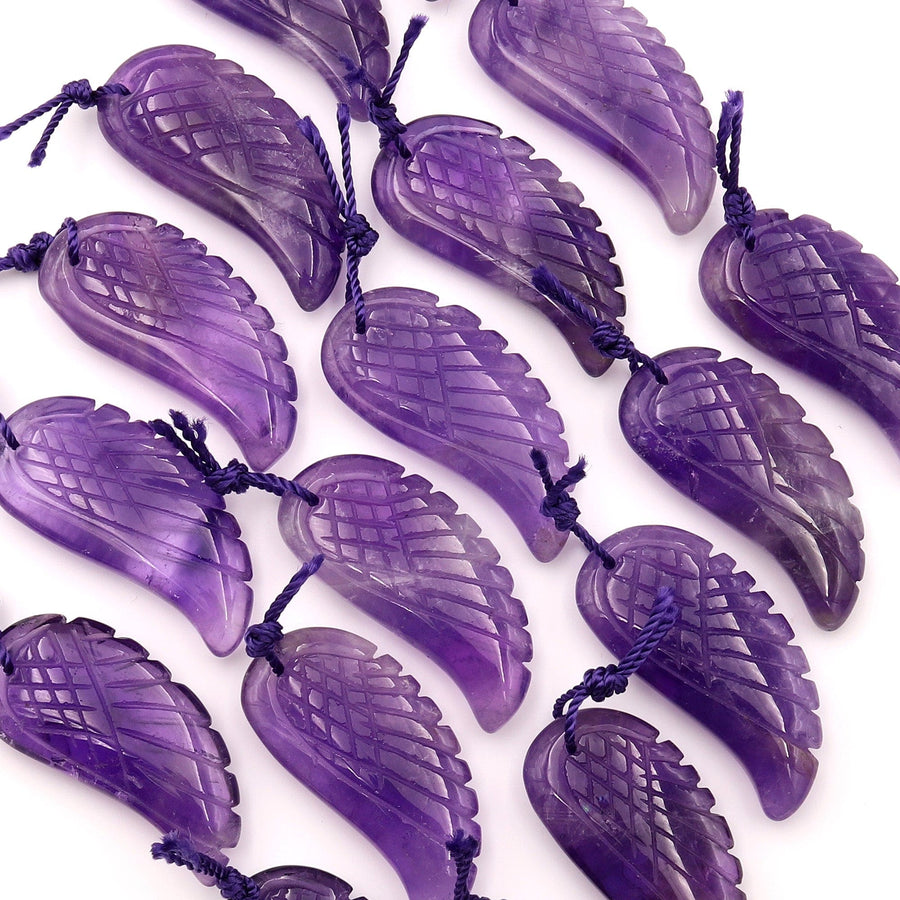 AAA Hand Carved Natural Purple Amethyst Angel Wing Pendant Bead Drilled Gemstone