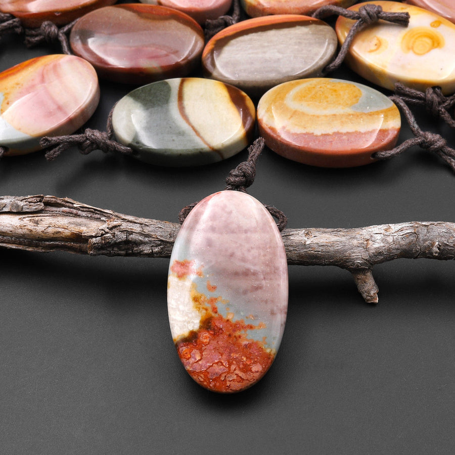 Natural Gemstone Oval Pendant Polychrome Landscape Ocean Jasper From Madagascar