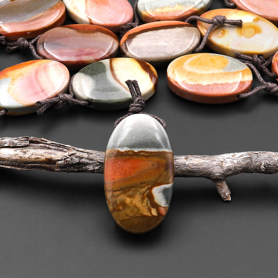 Natural Gemstone Oval Pendant Polychrome Landscape Ocean Jasper From Madagascar