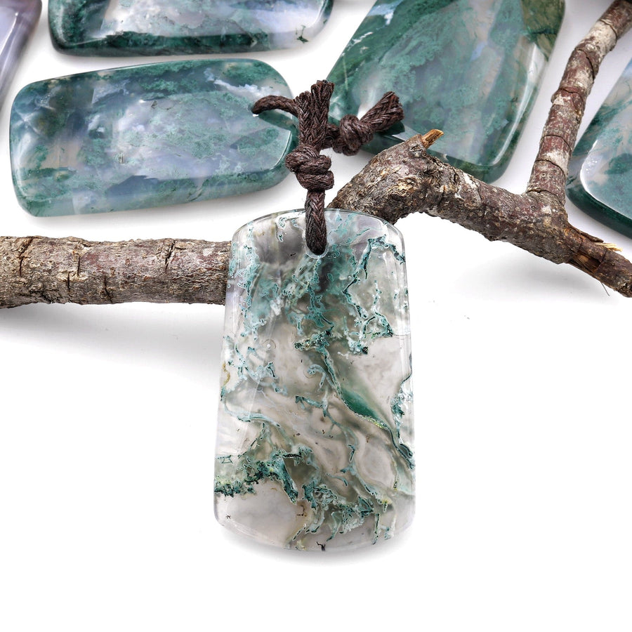 Large Natural Green Moss Agate Trepezoid Pendant Gemstone Focal Bead