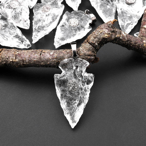 Natural Rough Raw Rock Crystal Quartz Pendants With Silver Druzy Center Hand Hammered Arrowhead Pendant