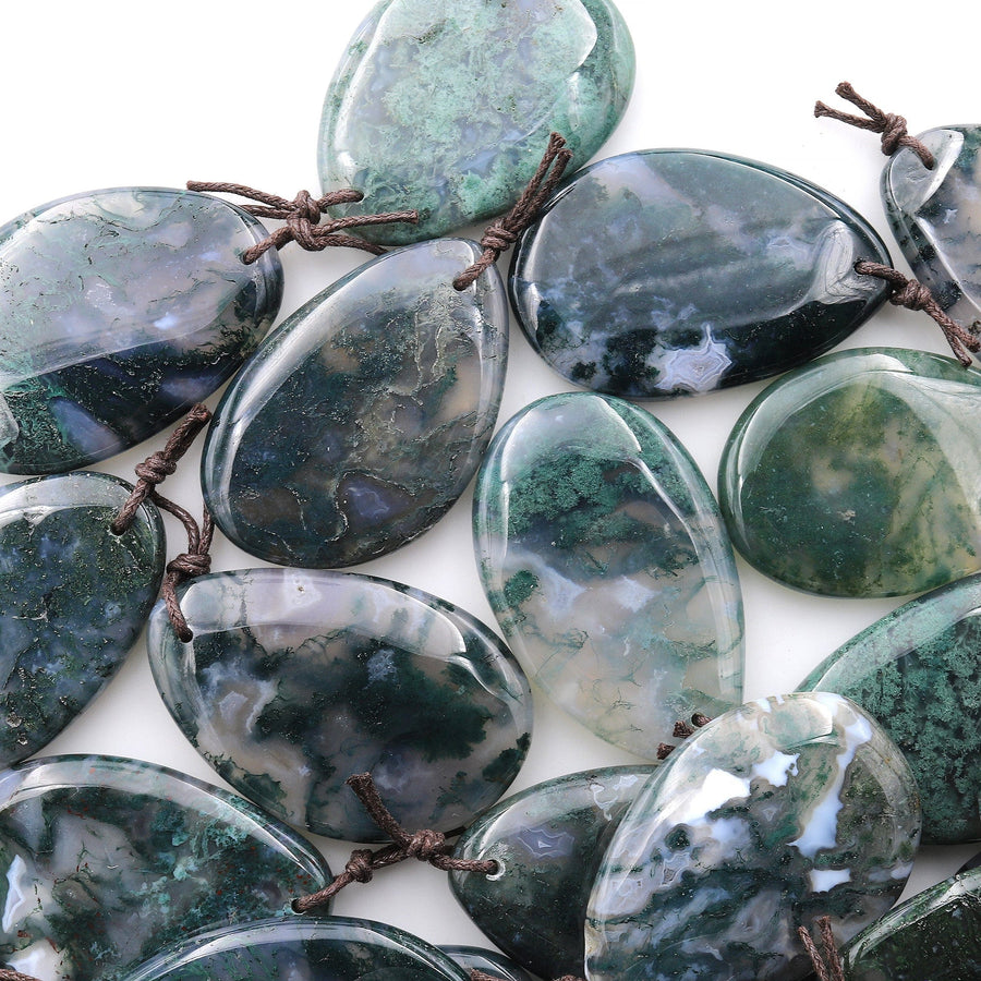 Natural Green Moss Agate Freeform Teardrop Pendant Gemstone Focal Bead