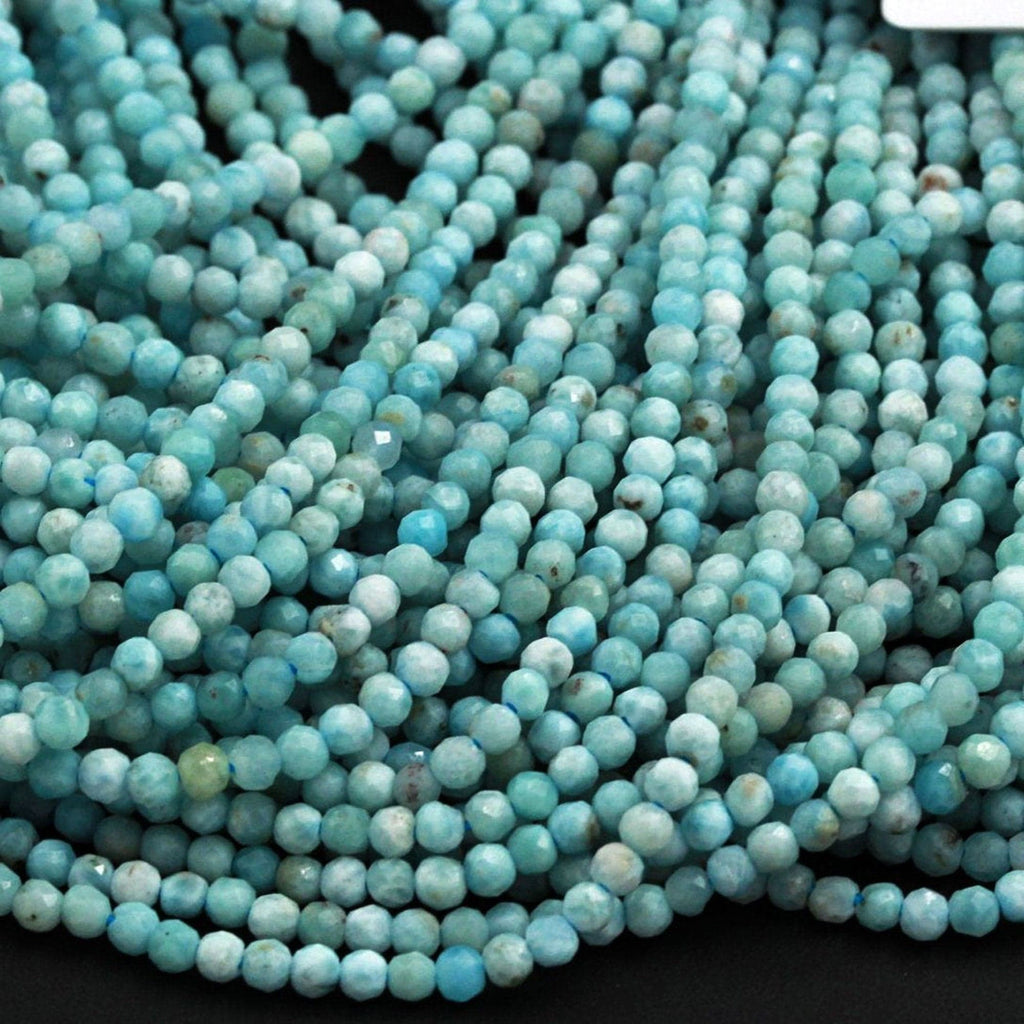 Micro Faceted Tiny Small Natural Blue Larimar 3mm Faceted Round Beads Real Genuine Natural Larimar Gemstone Diamond Cut 16" Strand