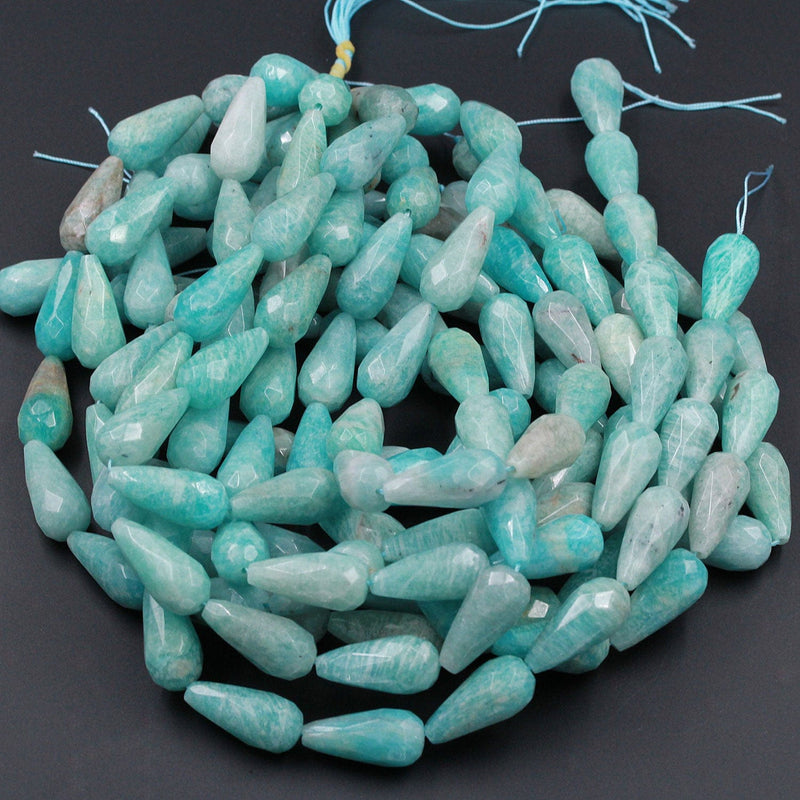 Gorgeous Faceted Natural Peruvian Amazonite Long Teardrop Beads Vertically Drilled Focal Sea Blue Green Teardrop Bead 16" Strand