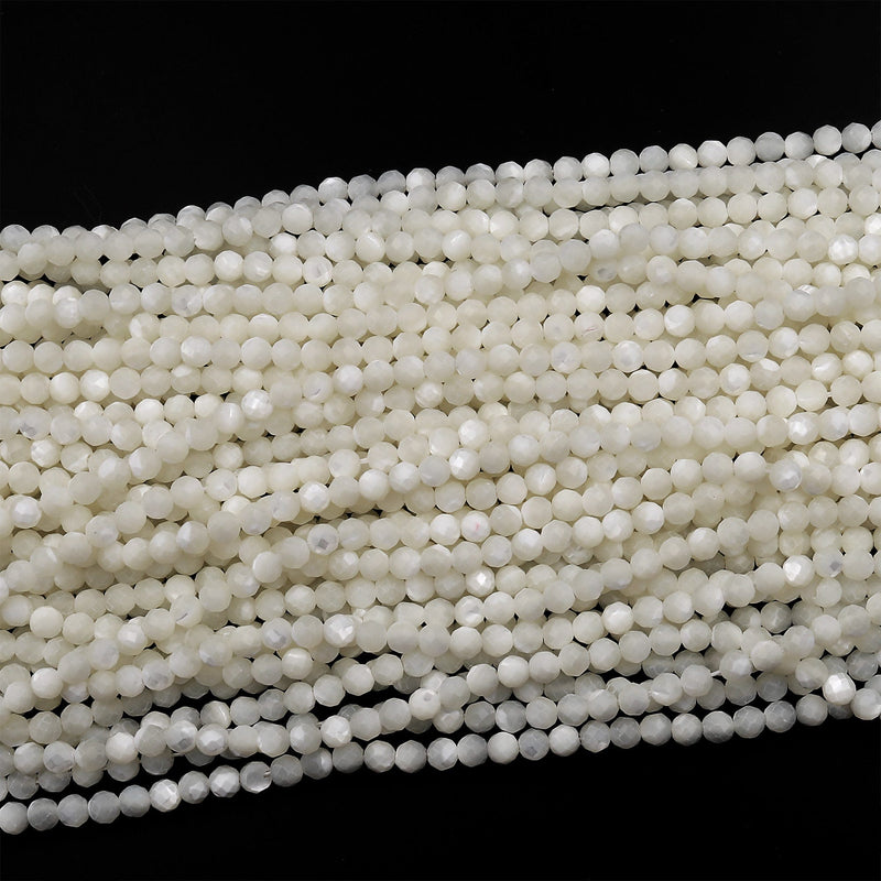 AAA Natural White Mother of Pearl 2mm 3mm 4mm 6mm 8mm Faceted Round Beads Laser Diamond Cut Iridescent Pearl Gemstone 15.5" Strand