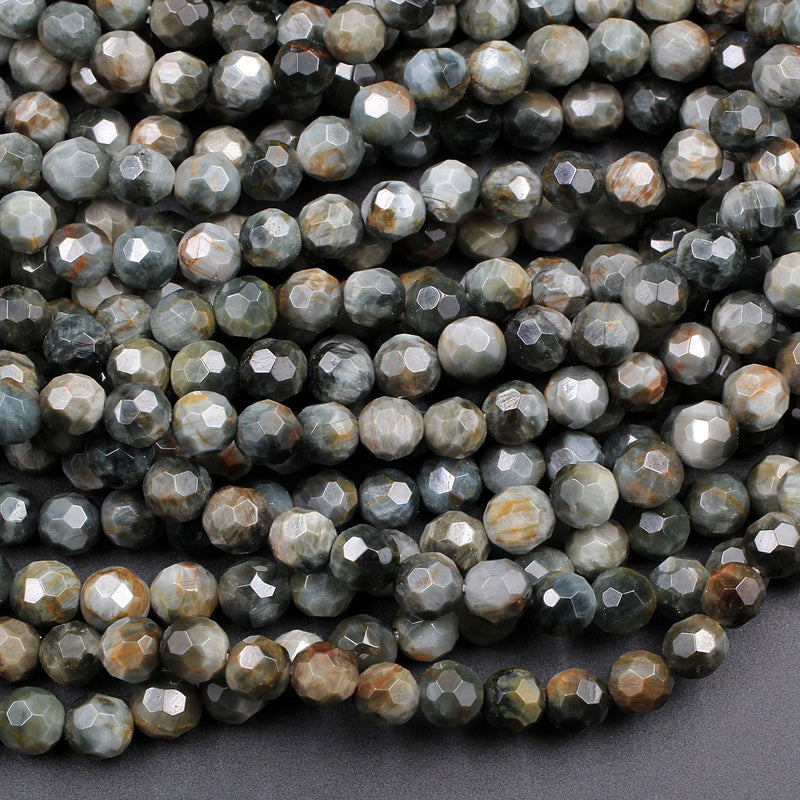 Eagle Eye Beads Faceted 6mm Round Beads Hawk Eye Beads Chatoyant Natural Silvery Dark Gray Semi Precious Gemstone Wholesale  16" Strand