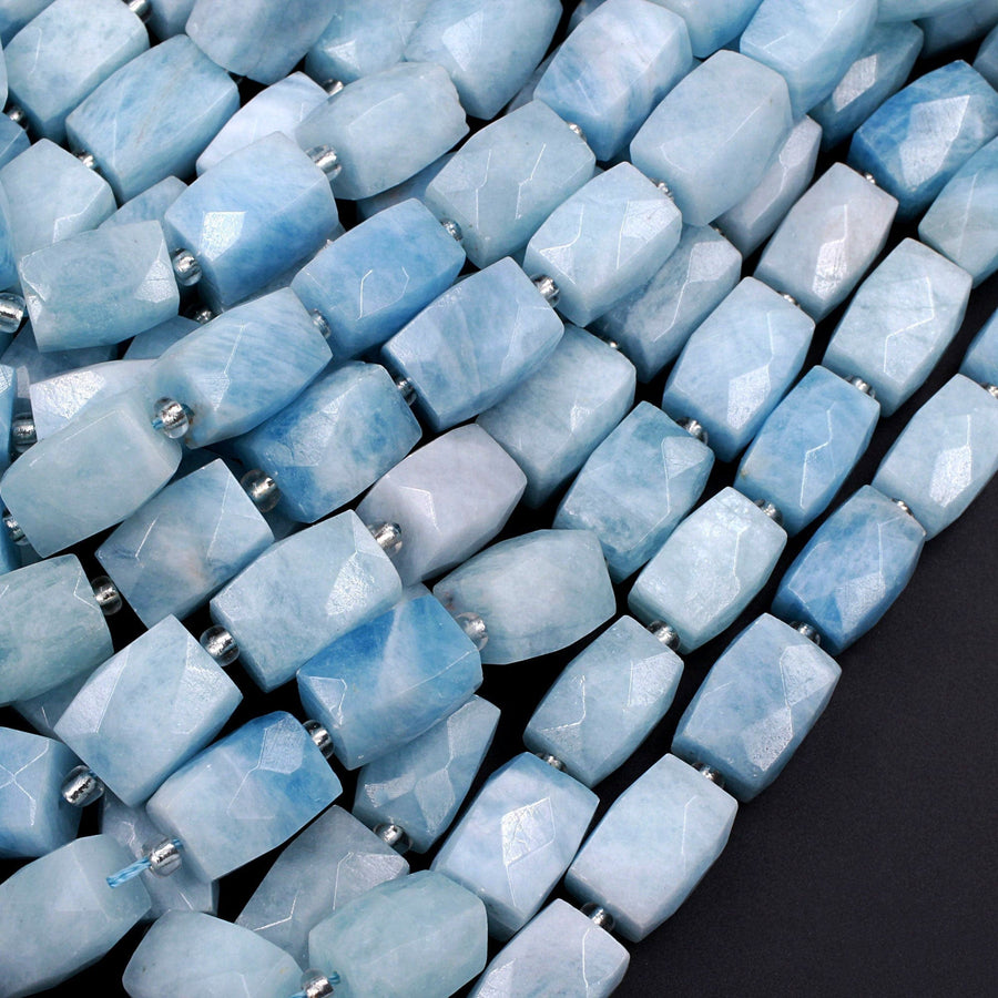 Chunky Large Natural Aquamarine Faceted Rectangle Tube Nugget Beads 16" Strand