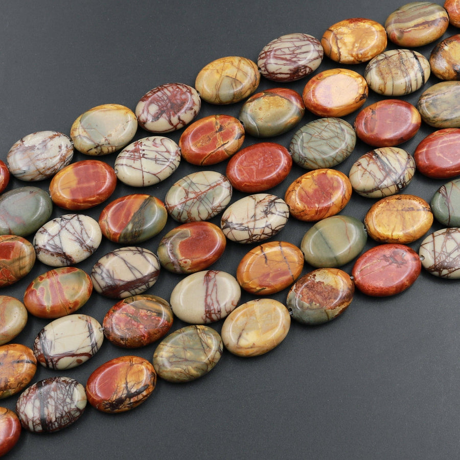 Red Creek Jasper Bead 14mm 18mm Oval Earthy Red Green Yellow Brown Natural Cherry Creek Multi Color Picasso Jasper Oval Bead 16" Strand