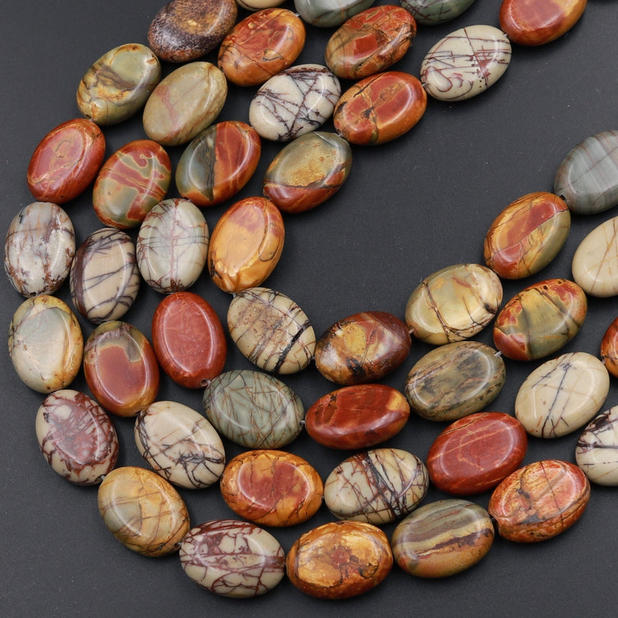 Red Creek Jasper Bead 14mm 18mm Oval Earthy Red Green Yellow Brown Natural Cherry Creek Multi Color Picasso Jasper Oval Bead 16" Strand