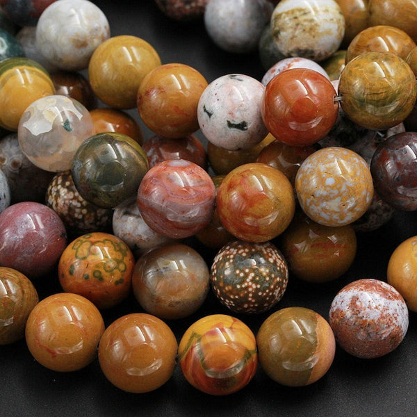 Natural Ocean Jasper Round Beads 16mm High Quality Smooth Polish Rich Autumn Color Bright Yellow Red Brown Green Gemstone 16" Strand