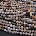 Faceted Bamboo Agate 4mm Round Beads Small Natural Grey Yellow Green Agate 16" Strand