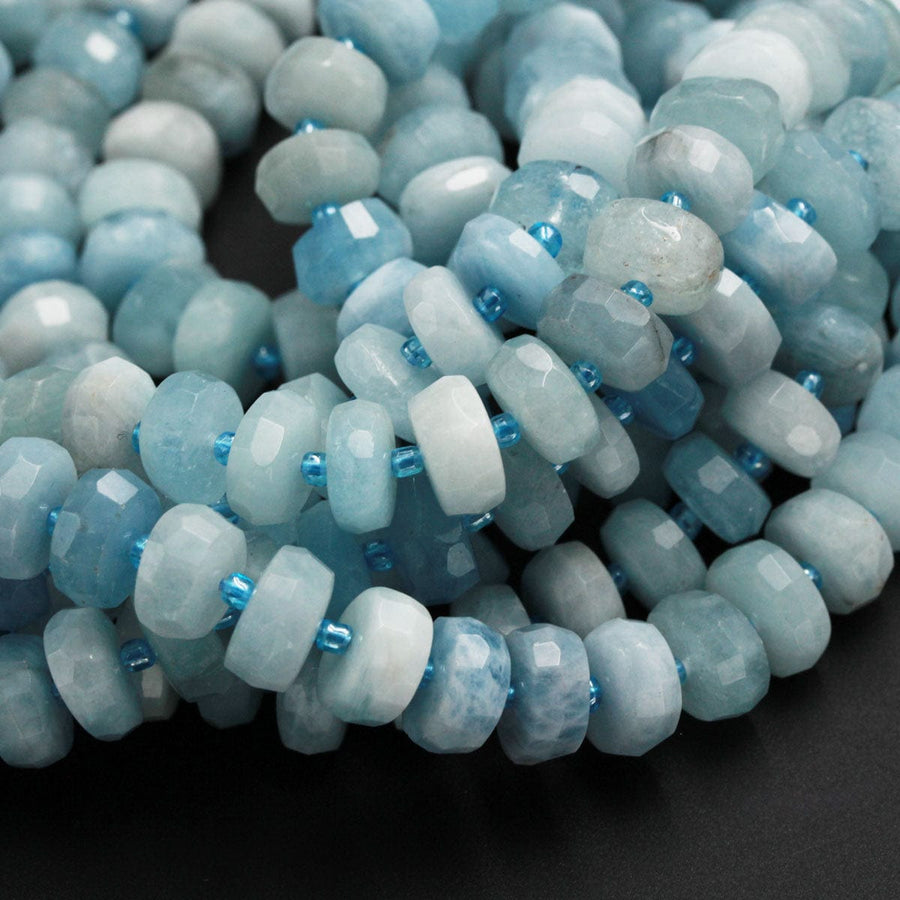 Natural Blue Aquamarine Large Faceted Wheel Rondelle Beads 16" Strand